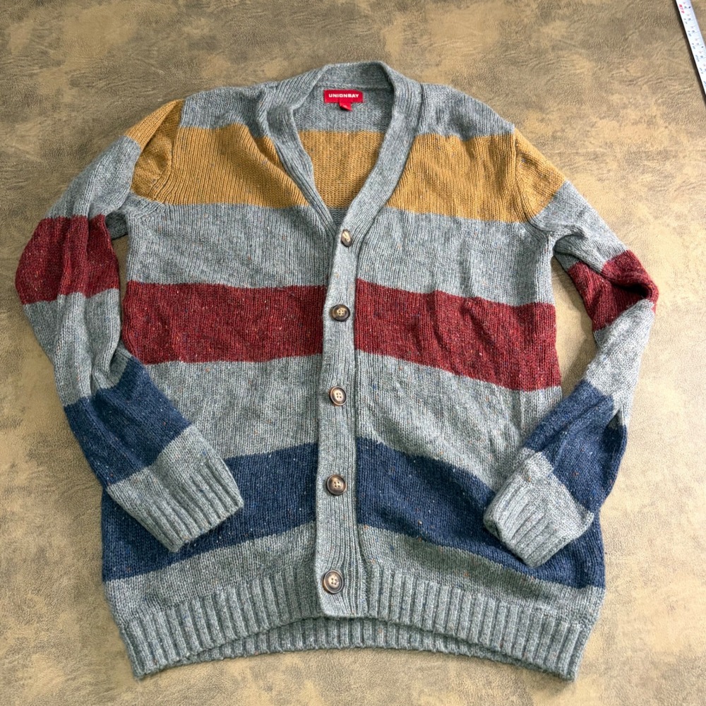 Unionbay Cardigan Sweater Mens XL Gray Striped Multi-Color Knit YT43006